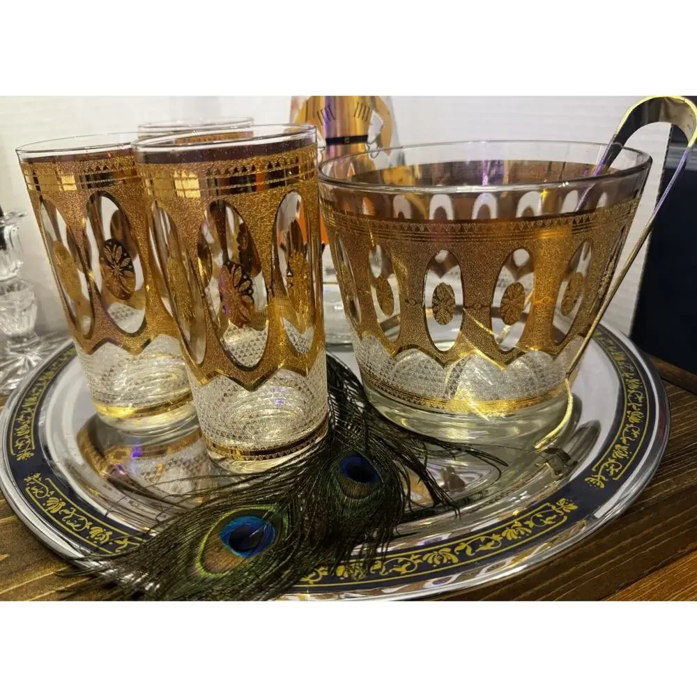 Vintage Gold MCM Libby Bar Set | 3 Glasses | Ice Bucket | Atomic Era | Mad Men